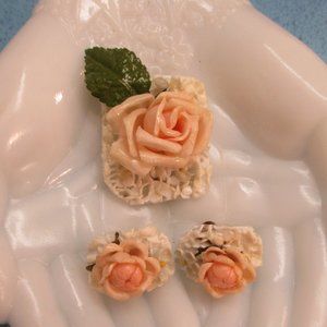 1940 Celluloid White Pink Roses Jewelry Set~Delicate Rose Floral Plastic Brooch